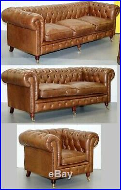 Chesterfield Tufted Heritage Brown Leather 3-4 Seater Sofa Part Of A Large Suite