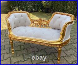 Chic Off-White Velvet Settee/Bench in French Louis XVI Style Hand-Carved Frame