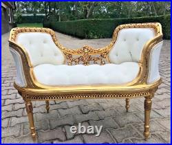 Chic Off-White Velvet Settee/Bench in French Louis XVI Style Hand-Carved Frame