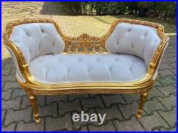 Chic Off-White Velvet Settee/Bench in French Louis XVI Style Hand-Carved Frame