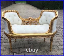 Chic Off-White Velvet Settee/Bench in French Louis XVI Style Hand-Carved Frame