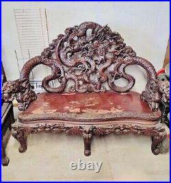 Chinese Antique Mahogany Dragon Carved Parlor Love Seat & 2 Matching Chairs Set