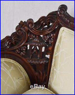 Chinoiserie Chippendale Sofa Mahogany Frame Intimately Carved Cream Fabric