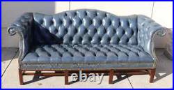 Chippendale-style Camel Back Sofa Blue Leather Buttoned Back