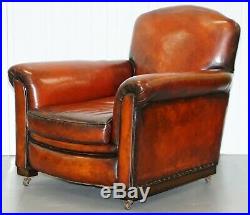 Circa 1900 Fully Restored Whisky Brown Leather Sofa & Pair Of Armchairs Suite