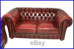 Classic Red Leather Chesterfield Salon Set, Includes Sofa & Loveseat, 1970's