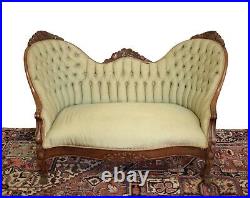 Continental Upholstered tufted green silk Settee Loveseat Sofa circa 1850