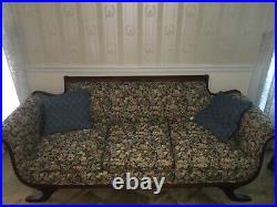 Couch Genuine Duncan Phyfe sofa. Note brass decorative protectors on mahogany