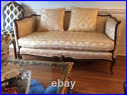 Custom Designed Classic French Loveseat In Beige Silk Material With Gold Leaf