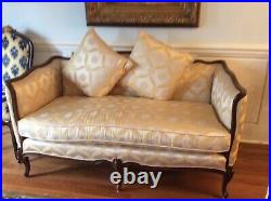 Custom Designed Classic French Loveseat In Beige Silk Material With Gold Leaf