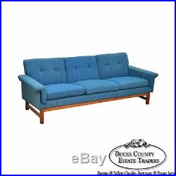 Danish Modern Mid Century Teak Frame Blue Upholstered Sofa