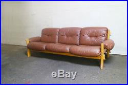 Danish mid century modern 1970s leather and pine sofa