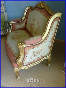 Diminutive Antique Louis 16th Gilt French Petit Point Tapestry Loveseat / Sofa