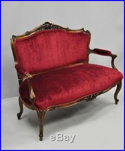 Early 20th C. French Louis XV Style Shell Carved Mahogany Sofa Settee Red Fabric