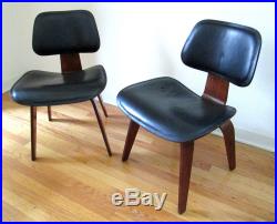 Early and rare eames walnut leather dcw pair 5-2-4 1952