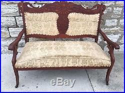 Eastlake Victorian Antique Settee Love Seat Carved Walnut Wood Parlor Bench Nice
