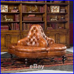 Elegant Library Hotel Lobby Tufted Brown Italian Leather Round Sofa, 39''H