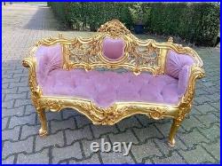 Elegant Vintage French Louis XVI Style Settee in Rose Velvet With Gilded Beech