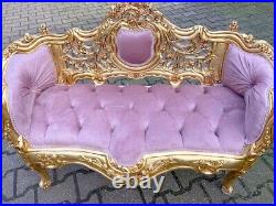 Elegant Vintage French Louis XVI Style Settee in Rose Velvet With Gilded Beech