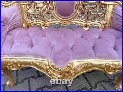 Elegant Vintage French Louis XVI Style Settee in Rose Velvet With Gilded Beech