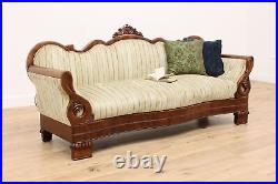 Empire 1840s Antique Carved Flame Mahogany Sofa, Swan Arms #45726