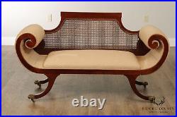 Empire Style Antique Mahogany Cane Back Rolled Arm Settee