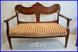 English Edwardian Mahogany Inlaid Settee and Matching Chair, Circa 1910s