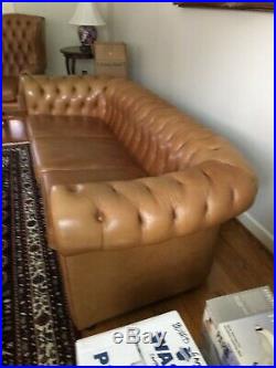 English Vintage Leather Chesterfield 5 Piece Set- Couch, 2 Wing Chairs, 2 Ottoman