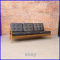Erik Wortz Mid Century Modern Danish Oak Black Leather Sofa Vintage