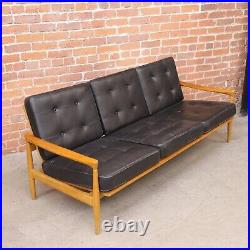 Erik Wortz Mid Century Modern Danish Oak Black Leather Sofa Vintage