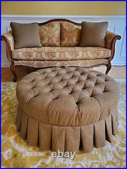 Ethan Allen custom settee with throw pillows and matching ottoman