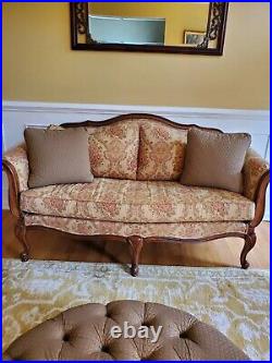 Ethan Allen custom settee with throw pillows and matching ottoman