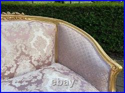 Exquisite 1900s French Louis XVI Pink Damask Corbeille Settee, Restored Elegance