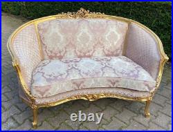 Exquisite 1900s French Louis XVI Pink Damask Corbeille Settee, Restored Elegance