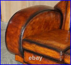 Exquisite Antique Art Deco 1920's Restored Brown Leather Sofa & Armchair Suite