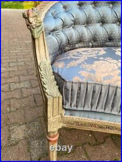 Exquisite Vintage French Louis XVI Corbeille Settee With Blue Damask Upholstery