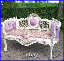 Exquisite Vintage French Louis XVI Style Settee Sofa with Tufted Purple Damask