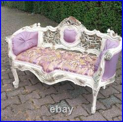 Exquisite Vintage French Louis XVI Style Settee Sofa with Tufted Purple Damask