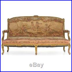 FRENCH ANTIQUE SOFA Louis XV Carved Aubusson Upholstered Settee Canape c. 1890