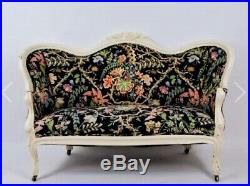 FRENCH LOUIS XV STYLE Antique Floral Sofa Settee With Carved Fruit Crest- 19th C