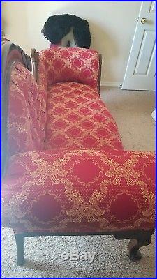 Fainting Couch, Crimson Gold, Reupholstered, Antique Victorian style
