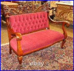 Fantastic Karpen Mahogany Figural Carved Settee Love Seat With Red Fabric