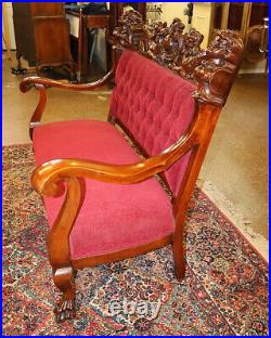Fantastic Karpen Mahogany Figural Carved Settee Love Seat With Red Fabric