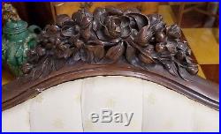 Fine Antique Victorian Hand Carved Walnut Tufted Sofa With Birds