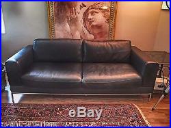 Florence Knoll Cassina style Thick Black Leather & Steel Sofa Loveseat Settee