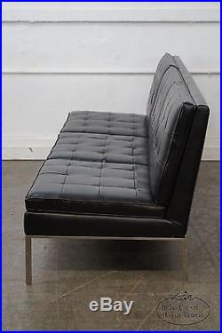 Florence Knoll Mid Century Modern Black Leather Chrome Frame Armless Sofa (B)