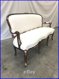 French Antique Parcel Gilt Settee Sofa With Linen Upholstery
