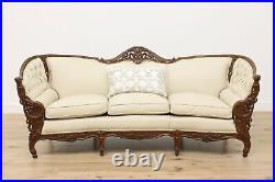 French Design Vintage Carved Sofa or Couch, Leather, Birds #50116