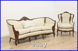 French Design Vintage Carved Sofa or Couch, Leather, Birds #50116