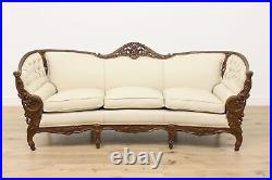 French Design Vintage Carved Sofa or Couch, Leather, Birds #50116